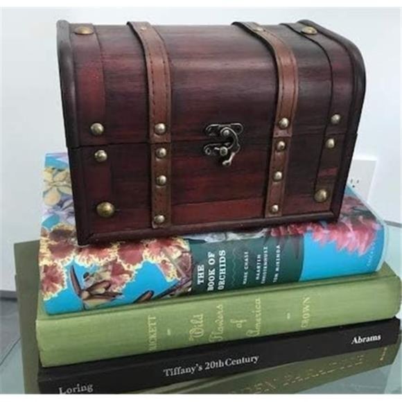 Wood and Leather Treasure Chest Box Decorative Storage Chest Box with Lock - Picture 3 of 7